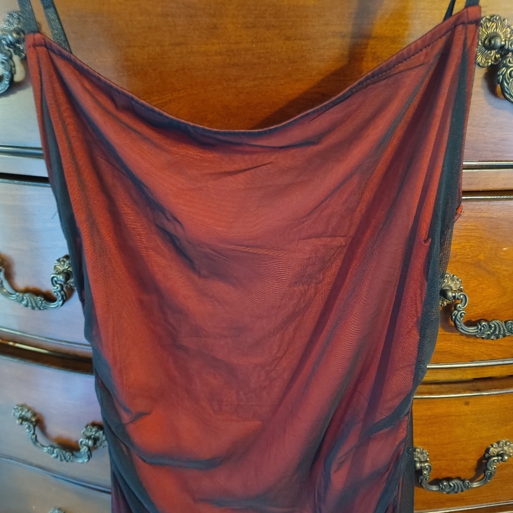 Vtg Y2K Red/Blk MESH Overlay Slip Dress Sz Small - Picture 3 of 4